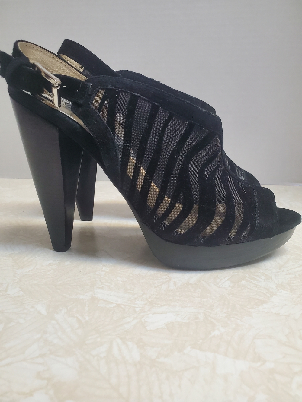 Michael Kors Black Mesh Strappy Platform Slingback Heels